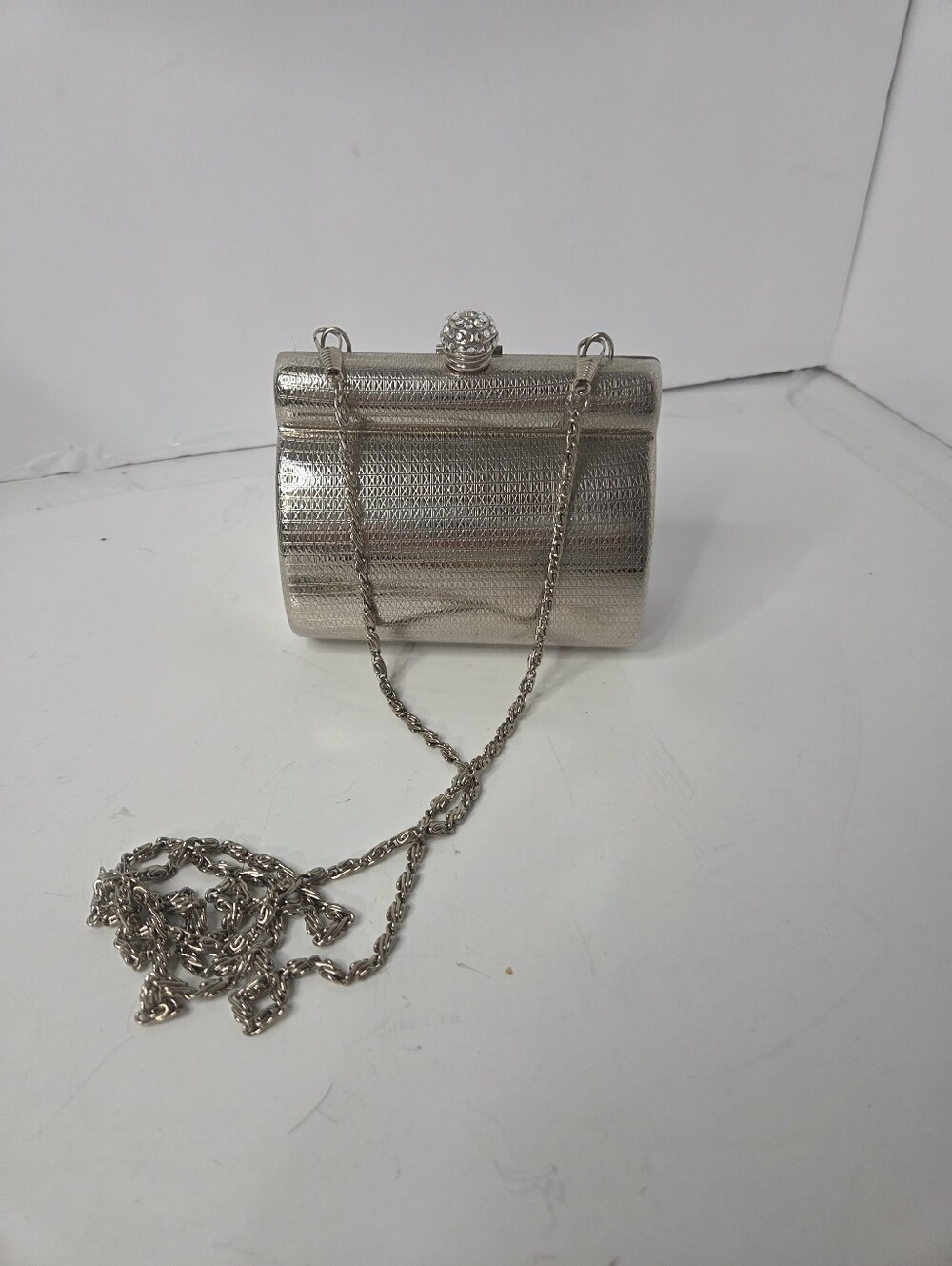SASHA Silver Metallic Evening Clutch with Chain Strap hard sided small textured